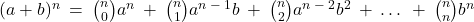 (a + b)^n \: = \: \binom{n}{0} a^n \: + \: \binom{n}{1} a^{n \: - \: 1}b \: + \: \binom{n}{2}a^{n \: - \:2}b^2 \: + \: … \: + \: \binom{n}{n}b^n