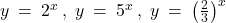 y \: = \: 2^x \: ,  \; y \: = \: 5^x \: , \; y \: = \: {\left( \frac{2}{3} \right)}^x