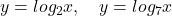 y = log_2x, \quad y = log_7x